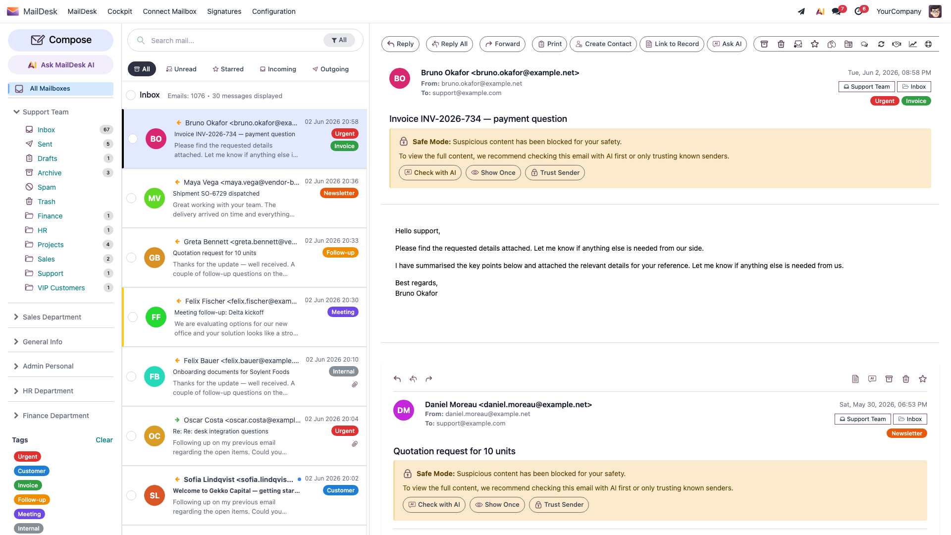 An email opened in Safe Mode: MailDesk has blocked suspicious content and offers Check with AI, Show Once, and Trust Sender