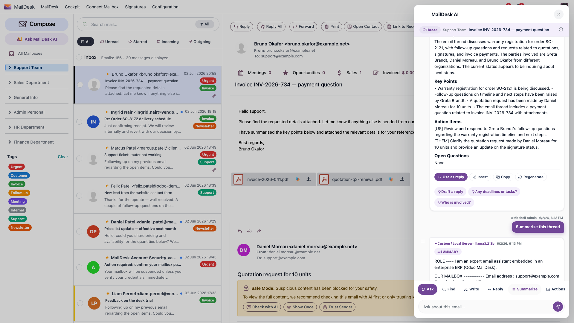 The MailDesk AI panel showing an AI-generated thread summary with a short recap, an Action Items list, and Open Questions
