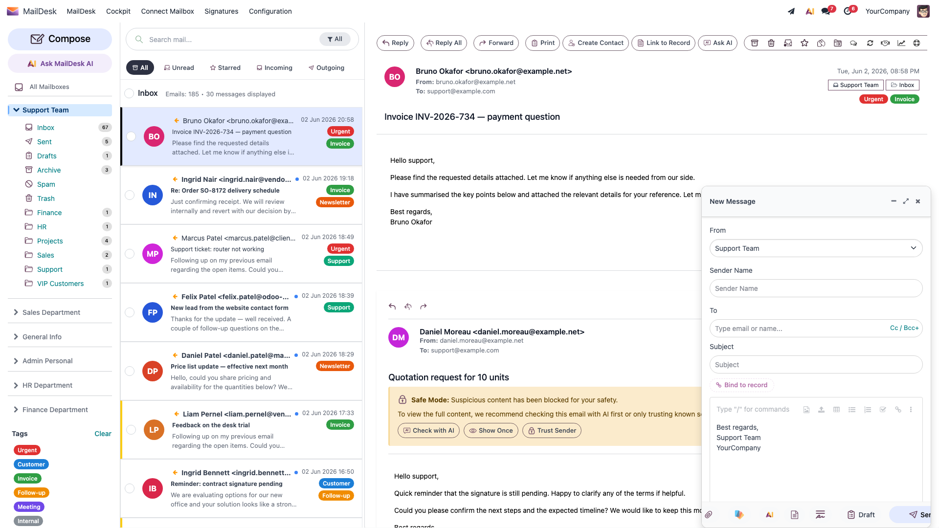 The MailDesk composer window with From, To, Subject, and the editor