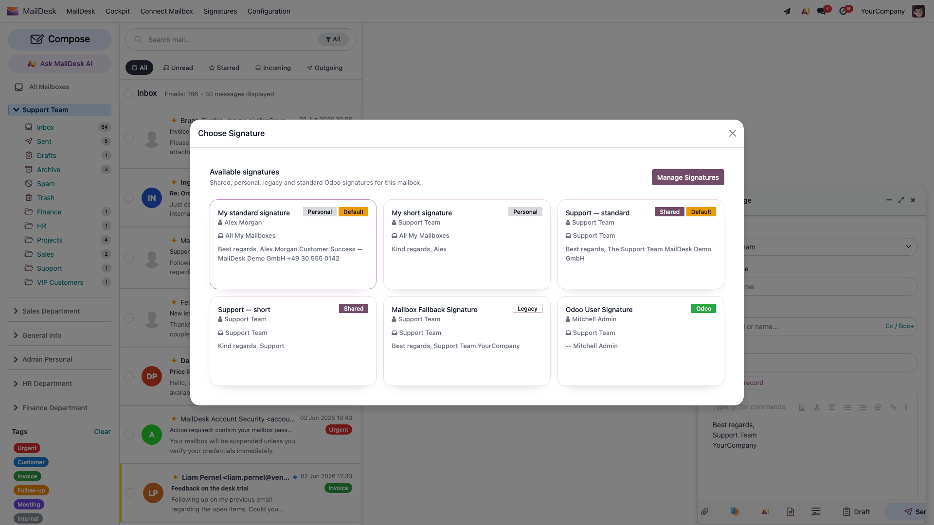 The Choose Signature picker in the composer, listing the available signatures with scope and Default badges and a Manage Signatures button