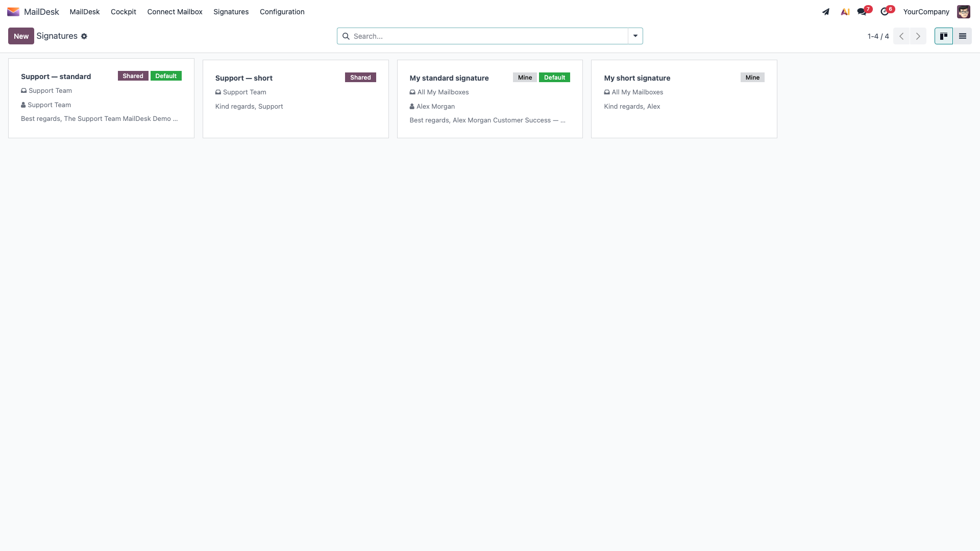 The MailDesk Signatures list, filtered to your own signatures, with a New button to add one