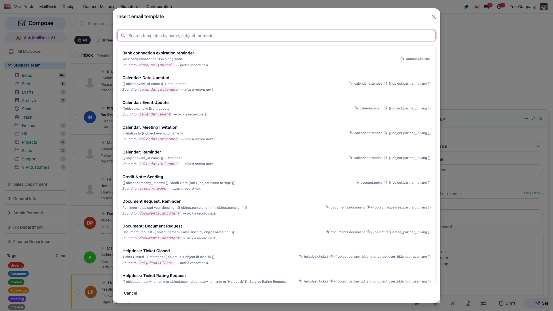 The Insert email template picker in the composer, with a search box and the list of available templates