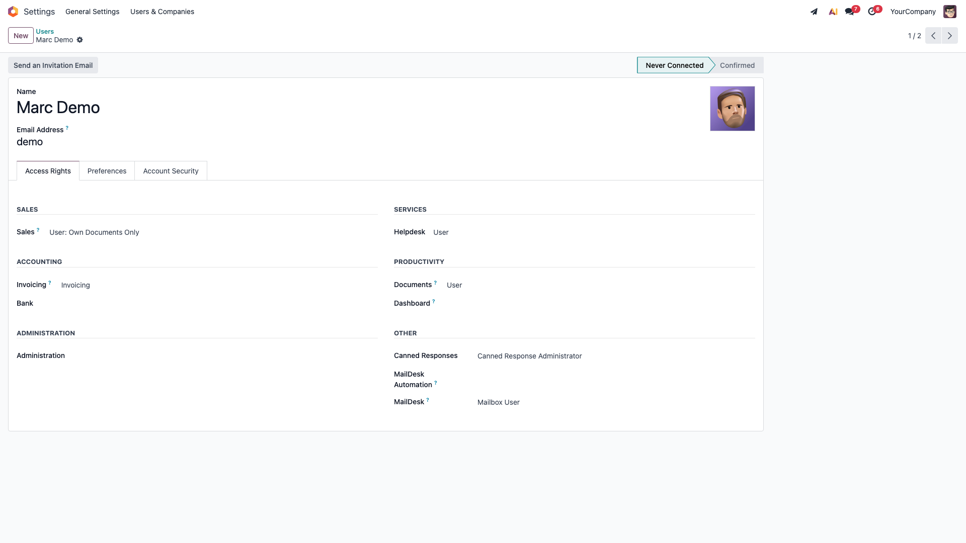 User Access Rights tab with the MailDesk role set to Mailbox User in the Other section
