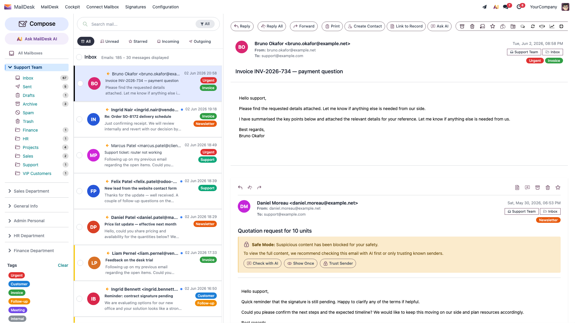 An email open in the reading pane — the formatted body, sender and recipient details, the folders the message is filed in, and the message list with colour-coded tags on the left