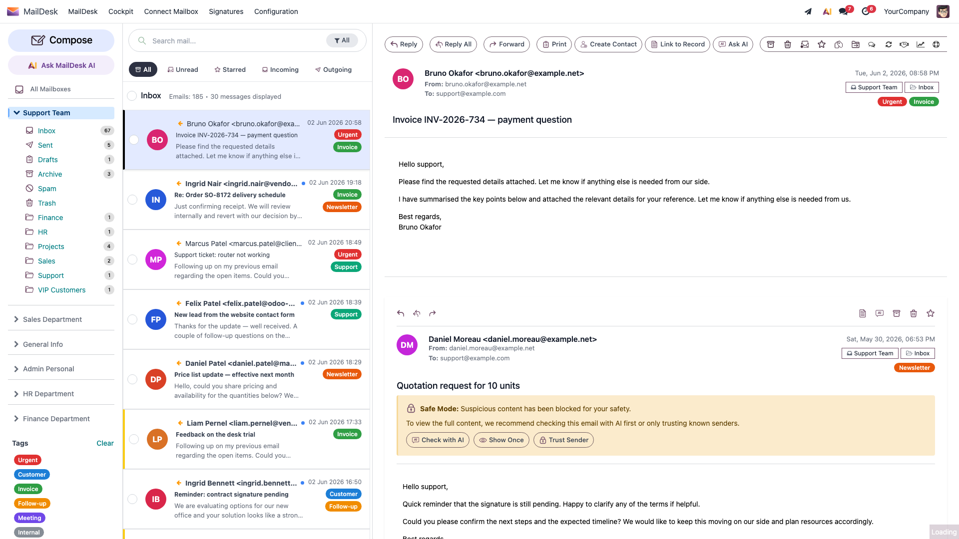 An open email with the action toolbar — Reply, Forward, Create Contact, Link to Record, and Ask AI — above the message body