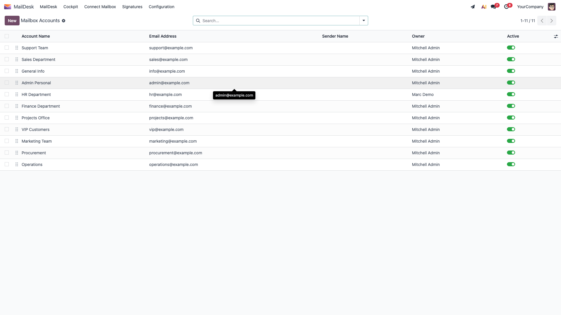 Mailbox account form with the two server fields and the header test buttons