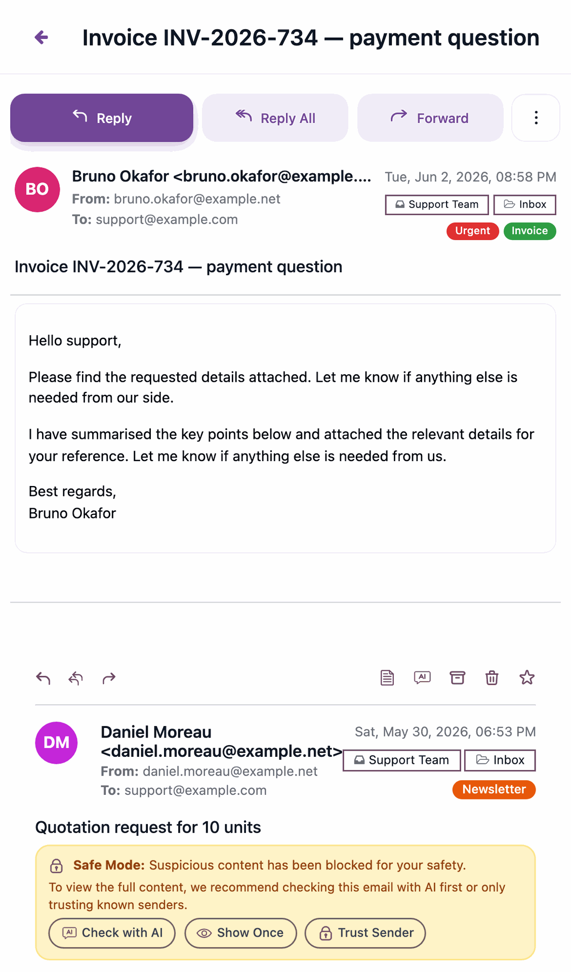 An email open in the full-screen reading view with the back arrow and reply toolbar