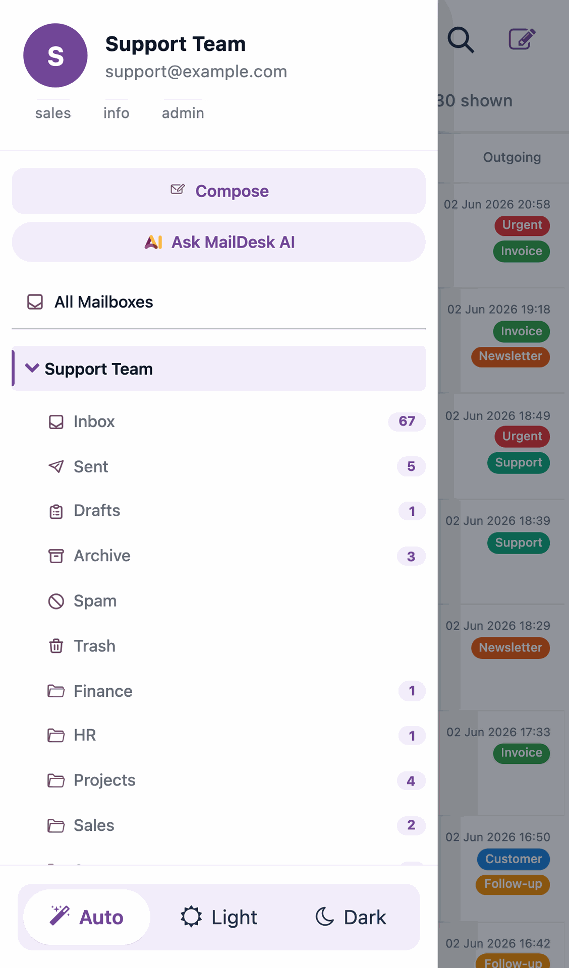 The folder drawer slid in from the left with the folder list and theme control