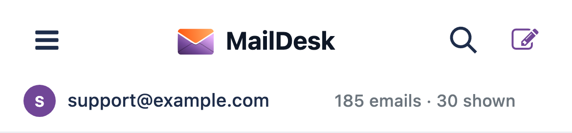 The MailDesk Pro mobile header with folders, search, and compose buttons