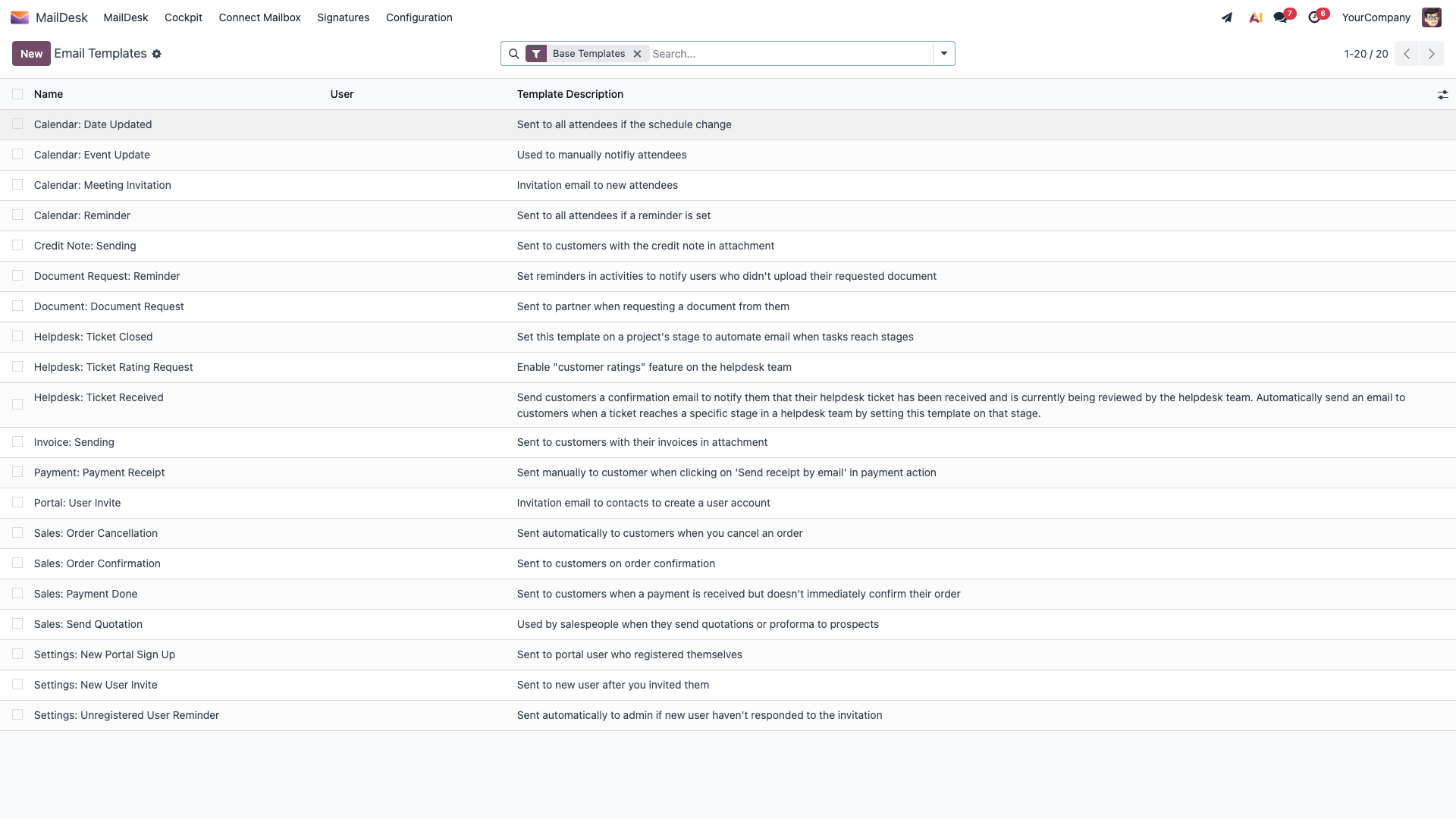 The Email Templates list showing native Odoo templates with their name, owner, and description