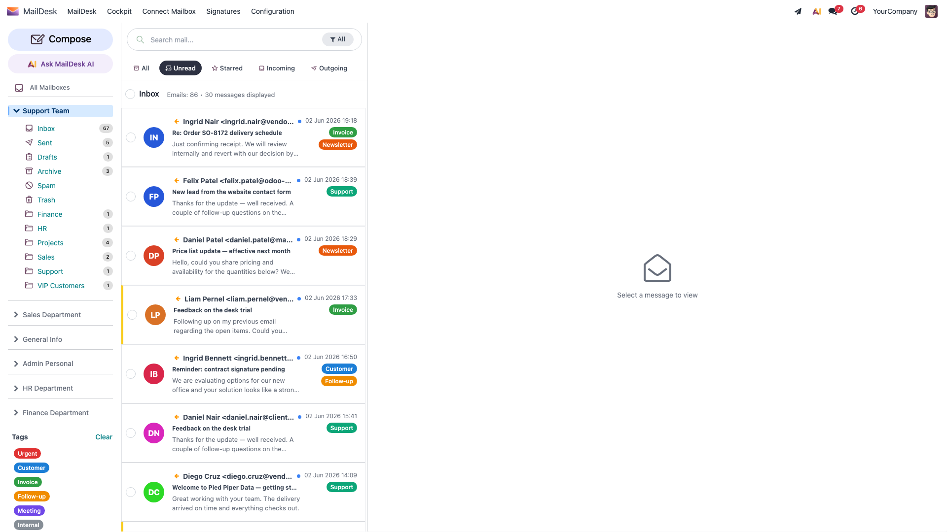 The inbox filtered to Unread, with colour-coded tags on each row so the most important messages stand out for triage