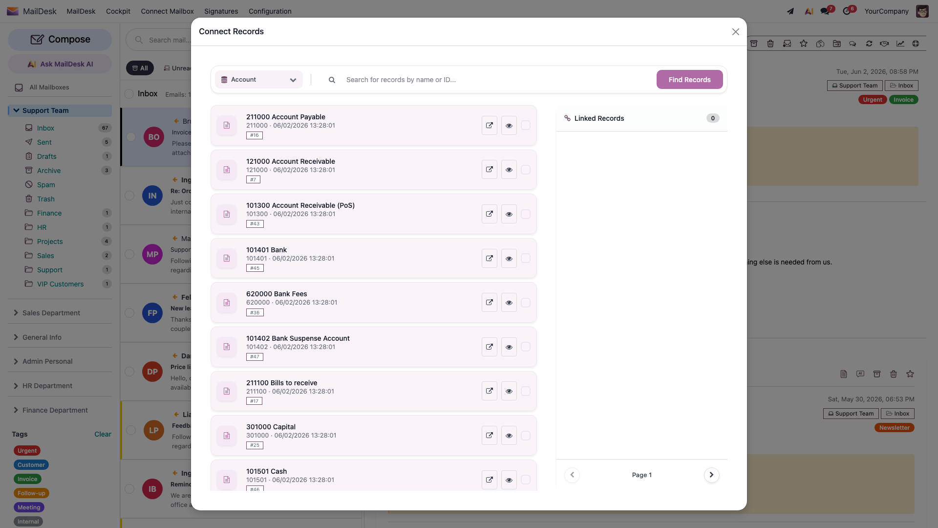 The Connect Records dialog: model selector, record search, and the Linked Records list