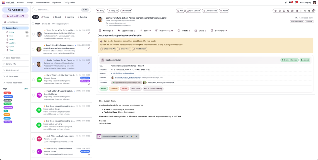 Bandeja de entrada unificada de MailDesk abierta dentro de Odoo