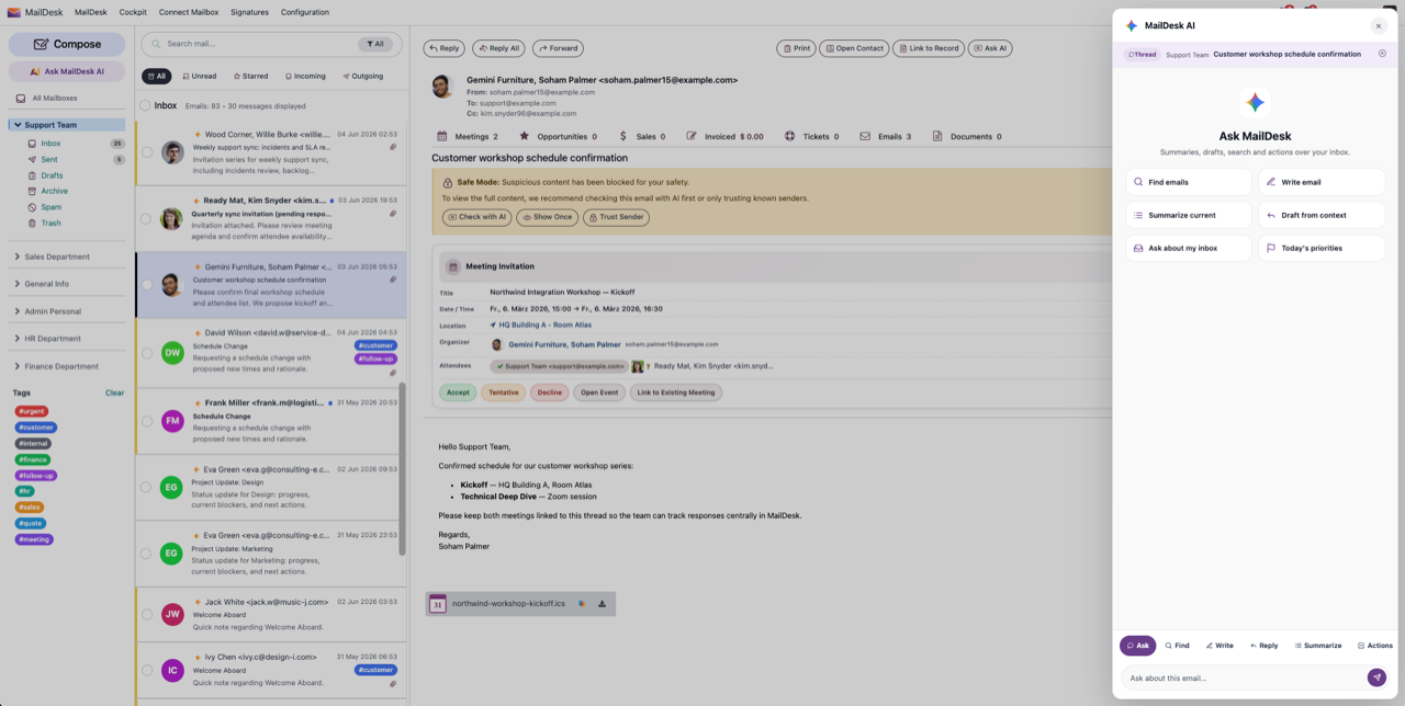 MailDesk con el panel IA Consulta MailDesk abierto
