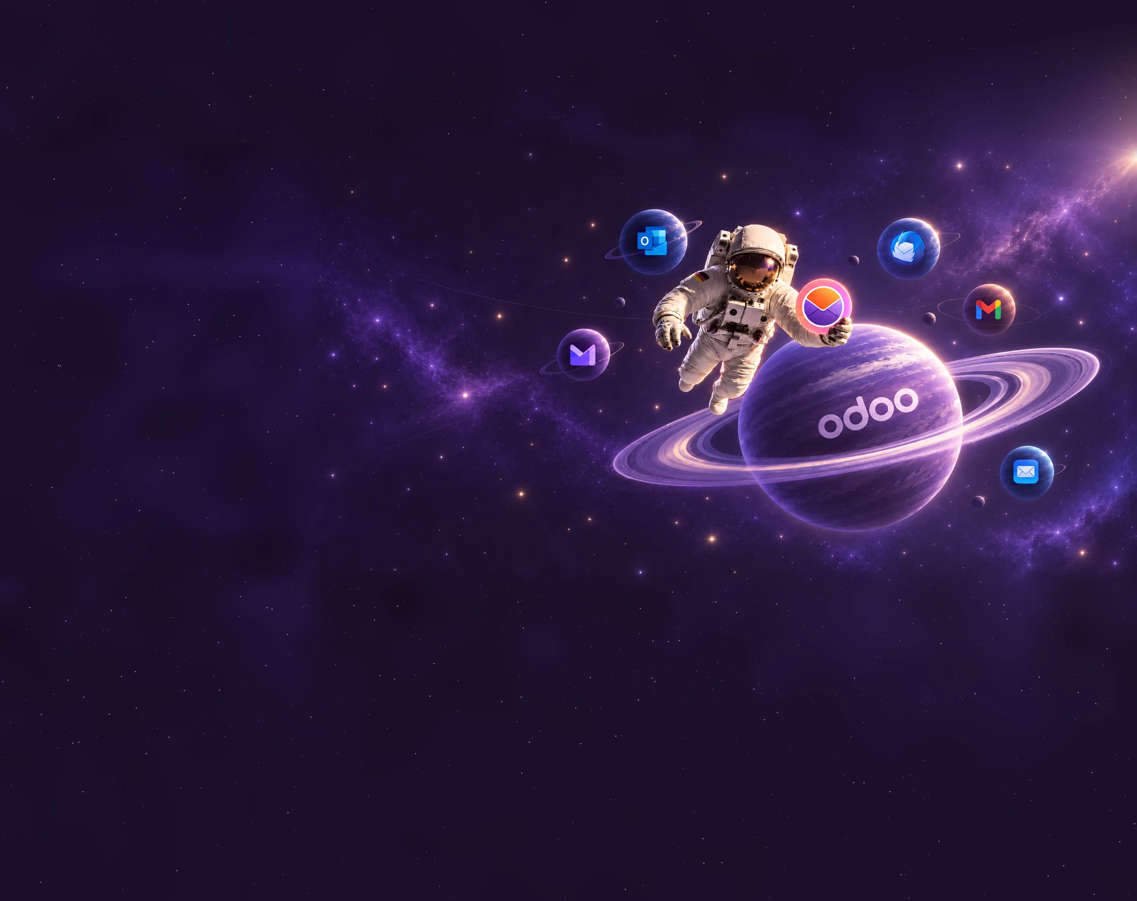 Astronaut mit dem MailDesk-Symbol über dem Odoo-Planeten, umgeben von Outlook, Gmail, Thunderbird und weiteren Mailprogrammen