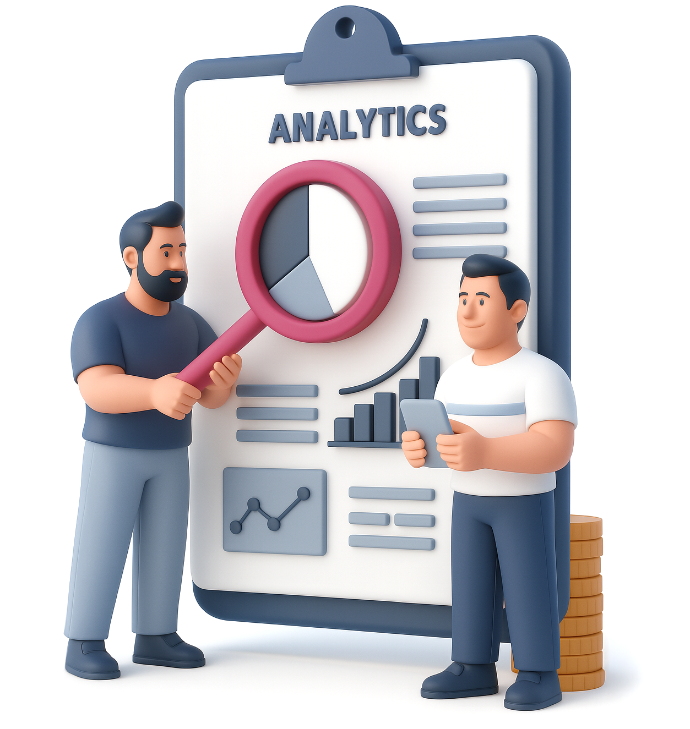 Zwei Personen analysieren Daten mit einer Lupe vor einem großen Clipboard mit dem Titel 'Analytics' – strategische Planung mit Odoo