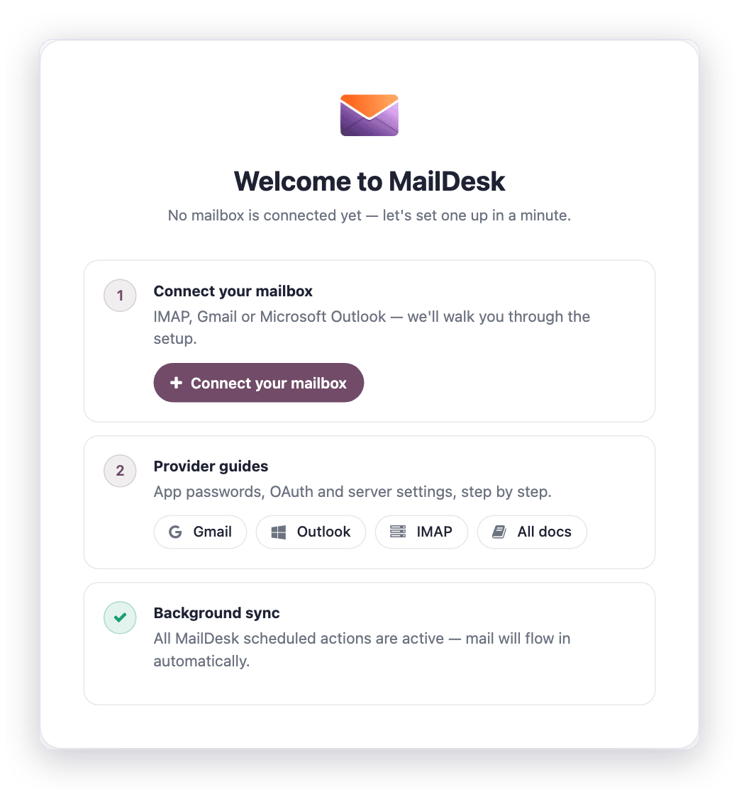 Der Startbildschirm von MailDesk mit den Anbieter-Anleitungen