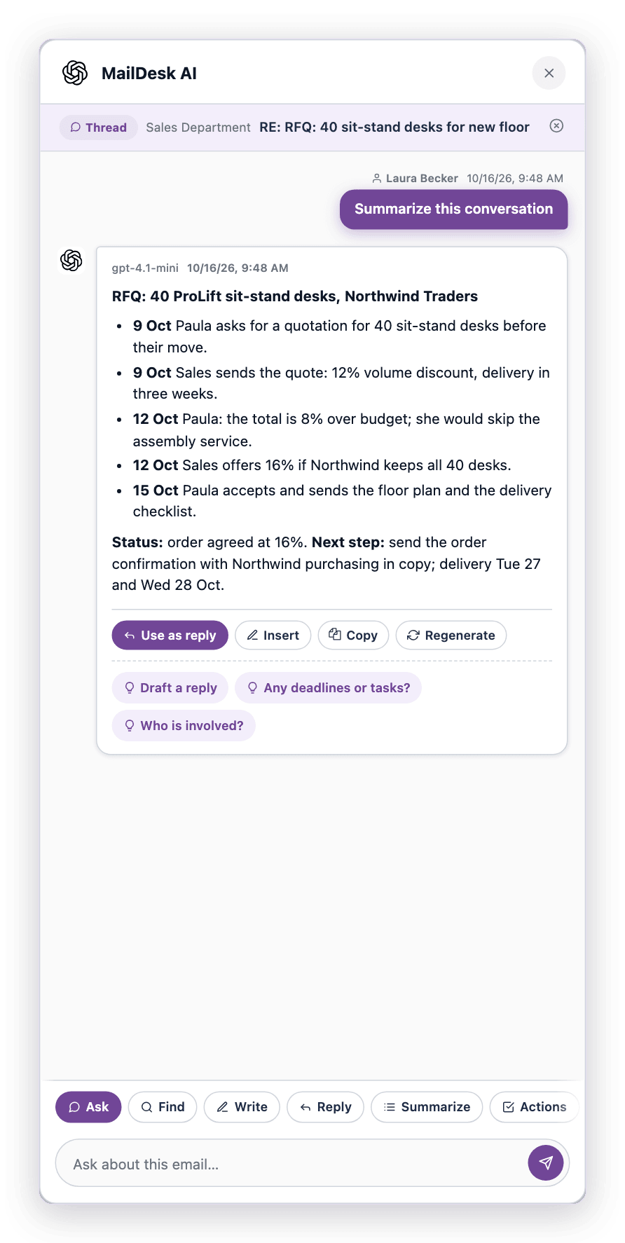 MailDesk AI fasst eine Kundenunterhaltung zusammen