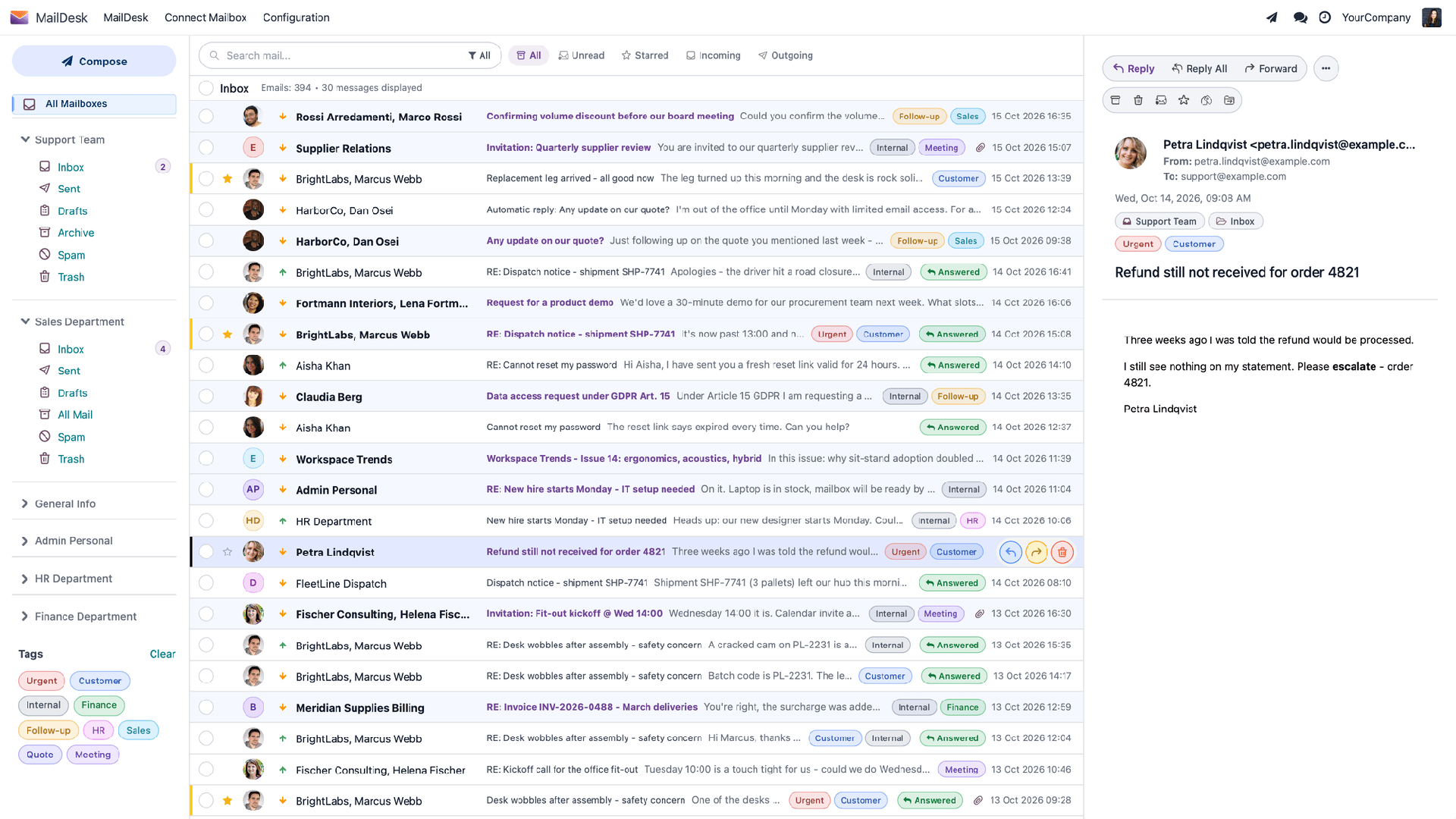 Die E-Mail-Liste als Tabelle mit anpassbaren Spalten