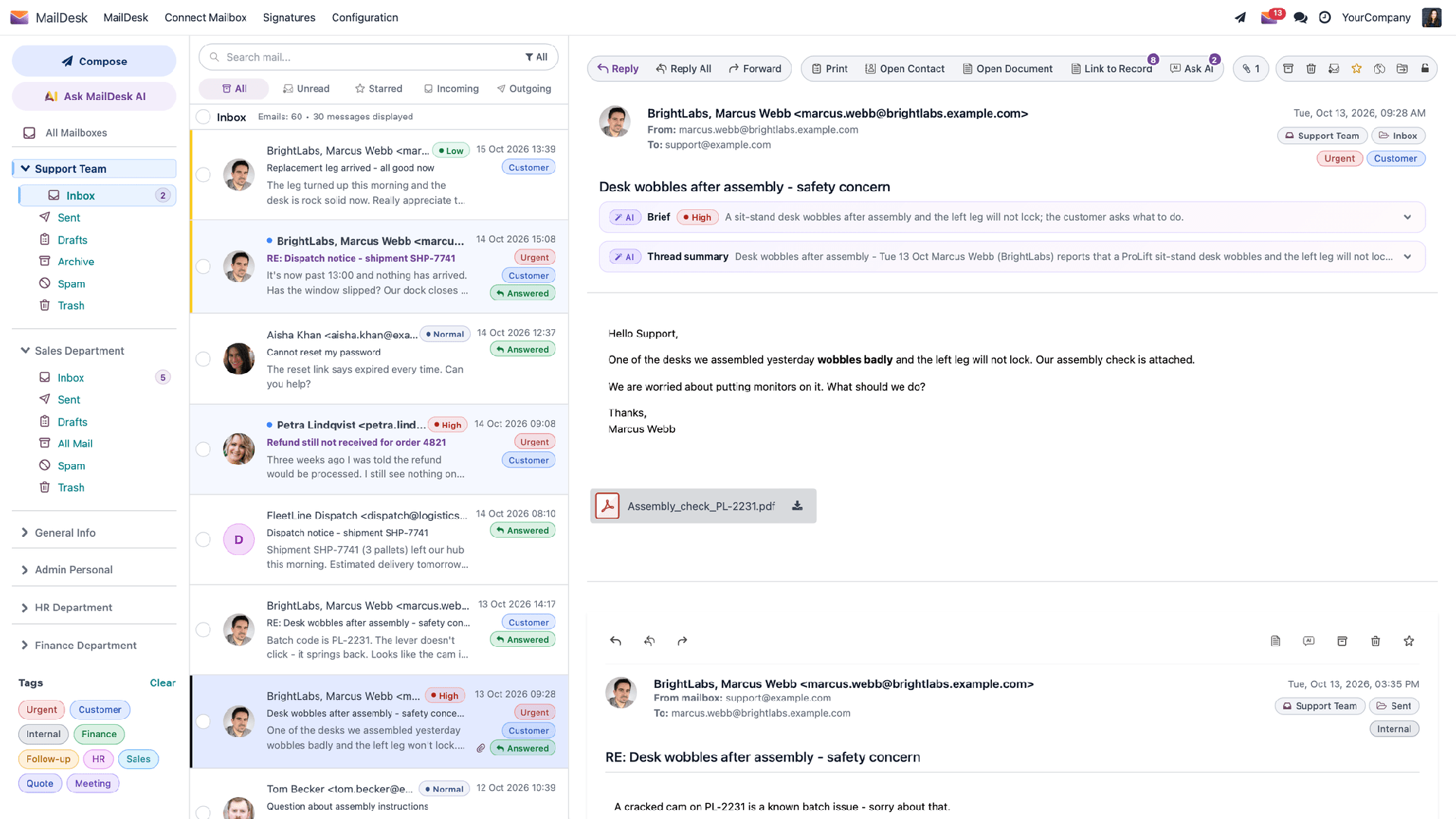 KI-Priorität in der Liste und ein KI-Kurzüberblick an der geöffneten E-Mail