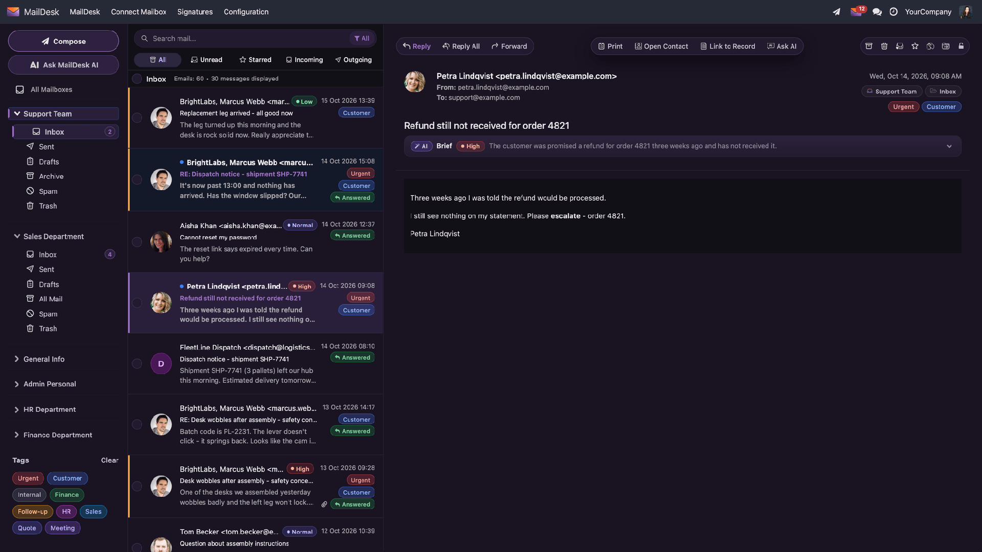 MailDesk im Dark-Mode von Odoo