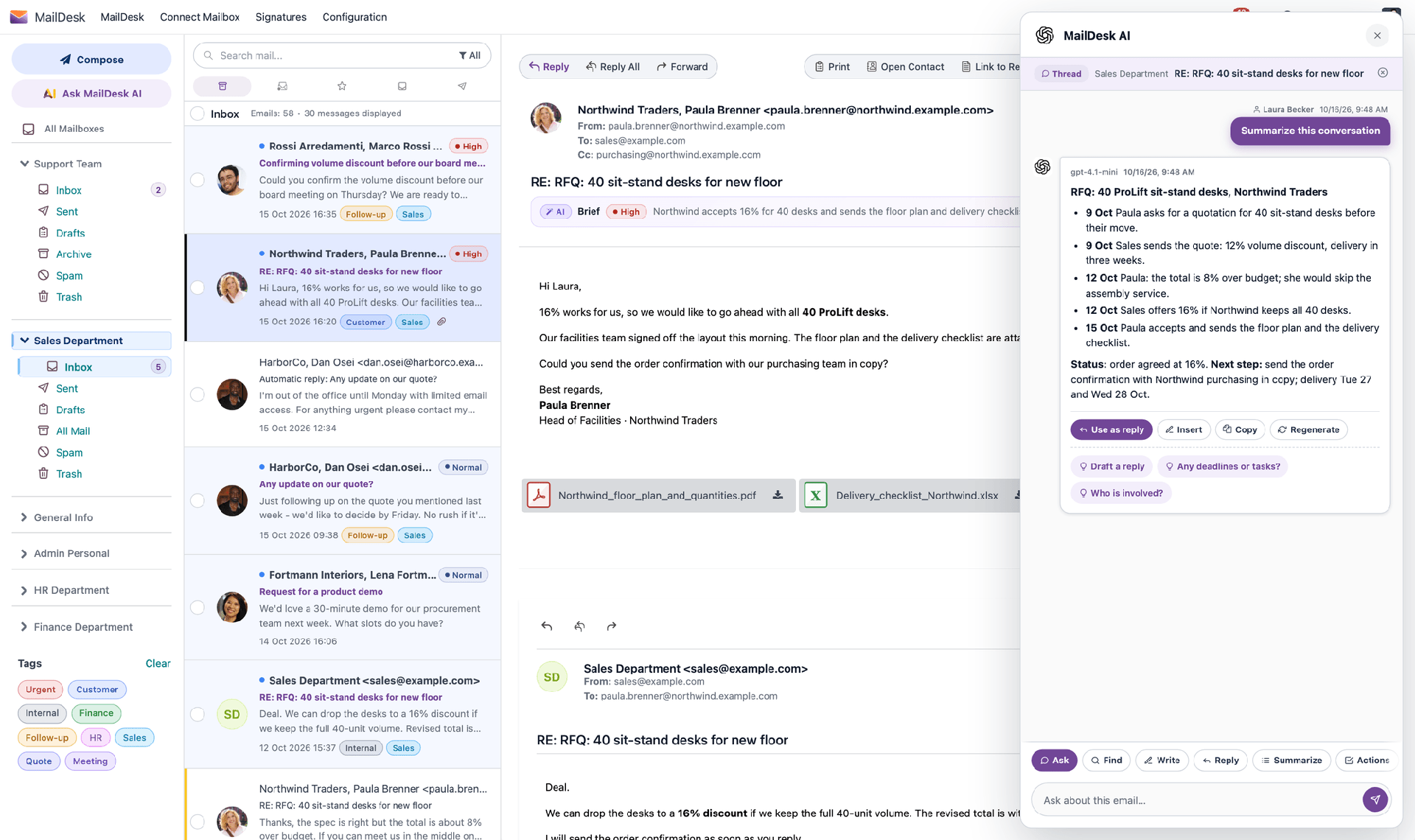 MailDesk AI fasst eine Kundenunterhaltung neben dem Posteingang zusammen