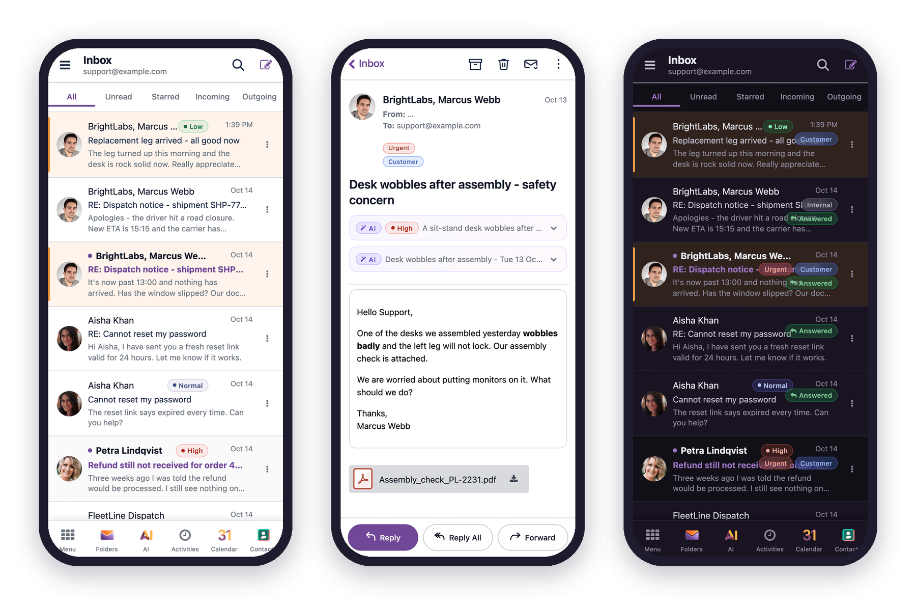 MailDesk Pro auf einem Smartphone im hellen und im dunklen Modus