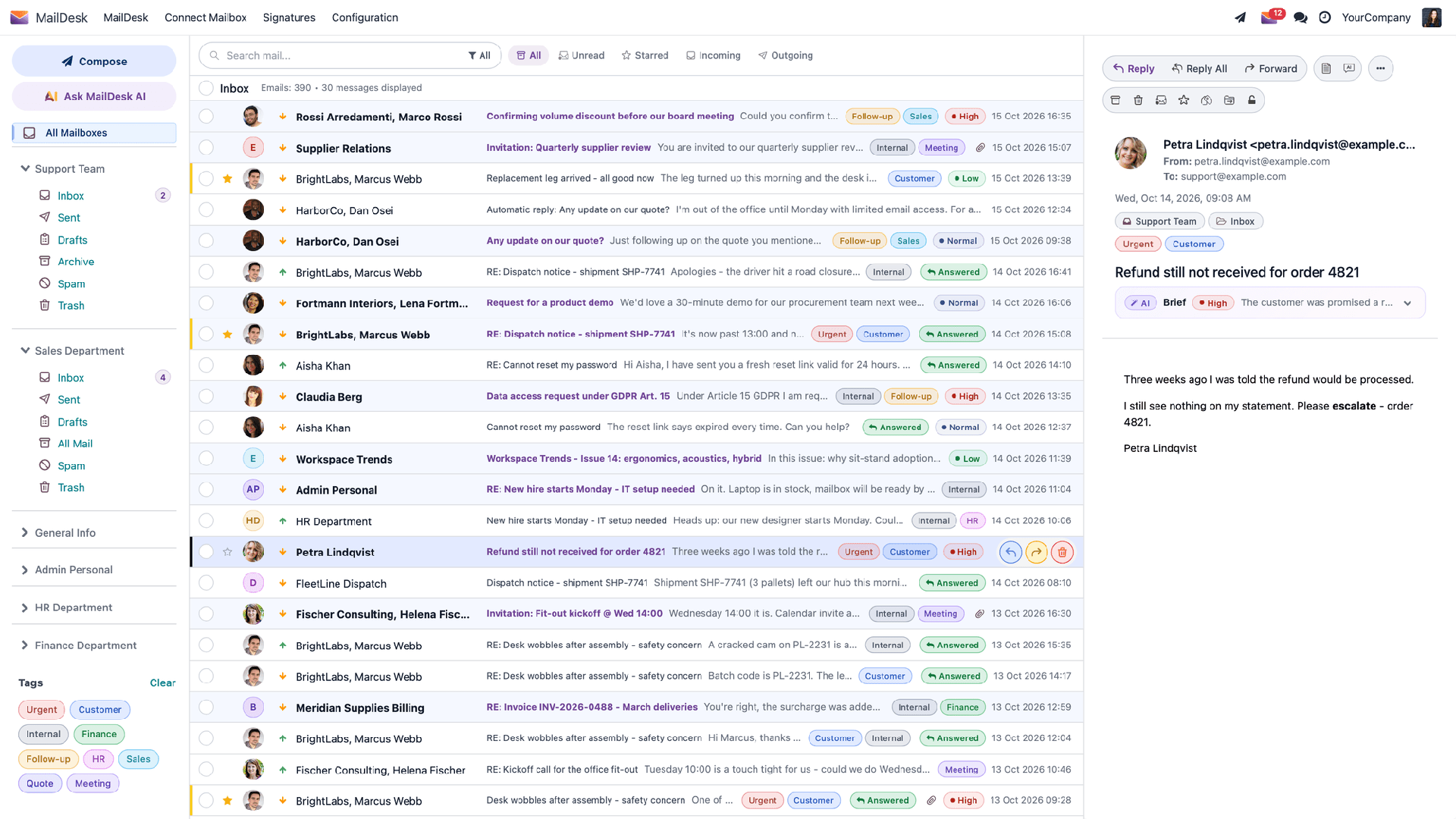 Die E-Mail-Liste als breite Tabelle mit KI-Priorität